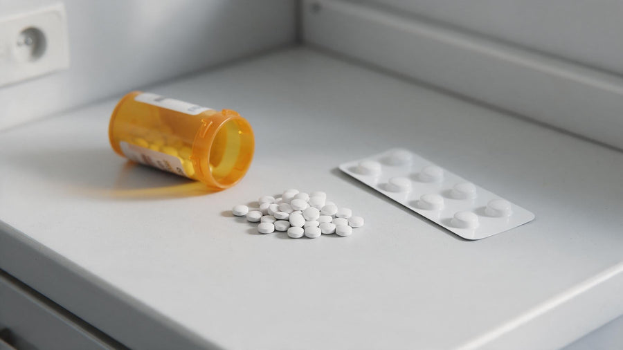 Plain white ivermectin-style oral tablets beside a foil blister strip and an amber prescription vial on a pharmacy counter in Kentucky.