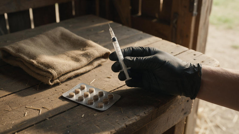 A gloved hand holding a small graduated dosing syringe beside a foil blister card of cat-sized chewable tablets on a barn workbench
