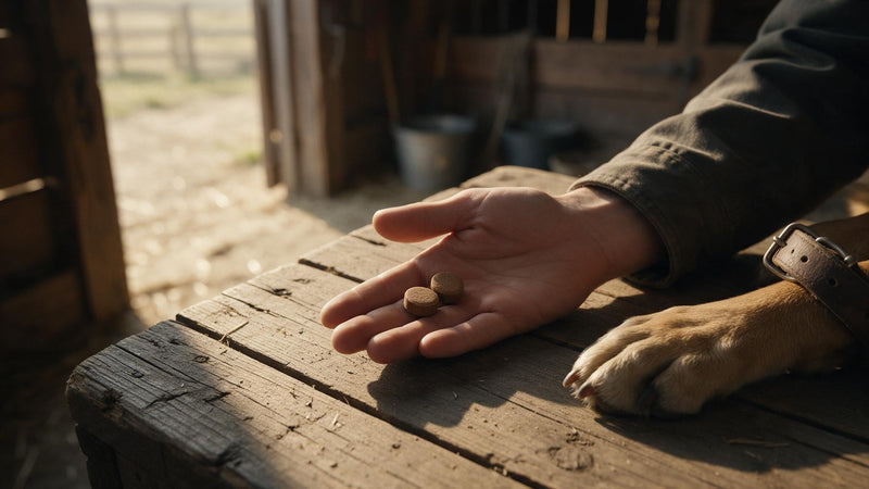 Plain beef-colored chewable antiparasitic tablets for dogs in a gloved hand beside a dog's paw on a barn wood table