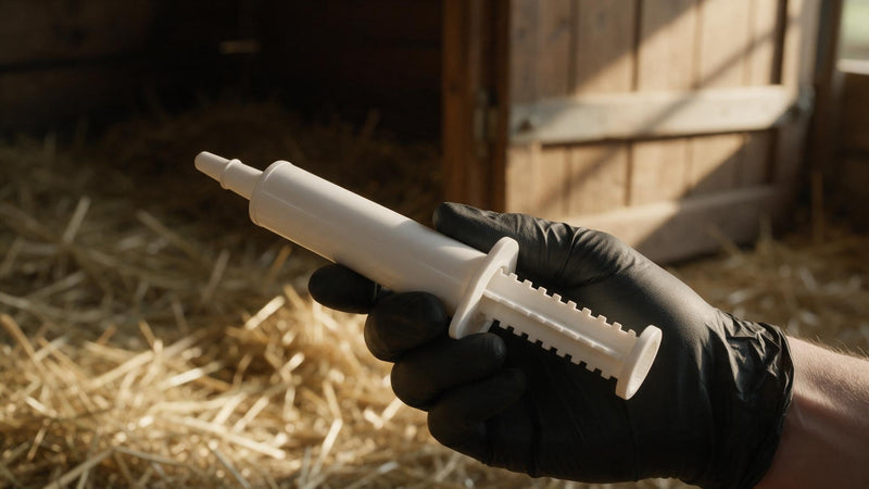 A gloved hand holding a plastic ivermectin horse paste dosing syringe with weight markings in a barn aisle