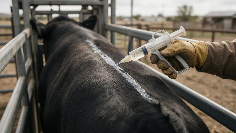A calibrated applicator gun laying a narrow stripe of pour-on ivermectin along the topline of a beef steer in a squeeze chute.