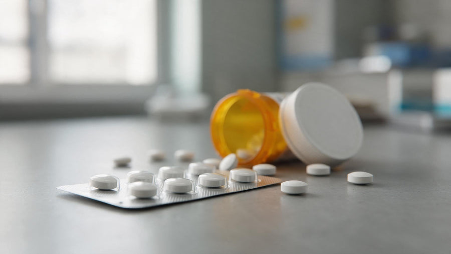 Plain white antiparasitic tablets in a foil blister strip beside an amber prescription vial on a pharmacy counter.