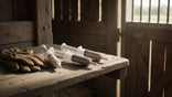Plastic equine dewormer paste syringes of the kind sold as ivermectin at Tractor Supply resting on a wooden barn shelf.