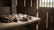 Plastic equine dewormer paste syringes of the kind sold as ivermectin at Tractor Supply resting on a wooden barn shelf.