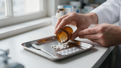 Plain white ivermectin-style oral tablets being tipped from an amber prescription vial onto a pharmacy counting tray, illustrating prescription-only status in Alabama.