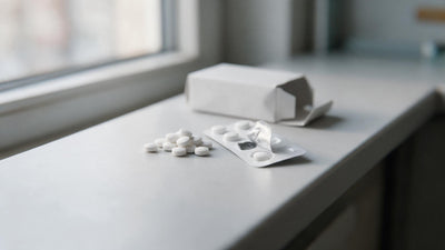 Plain white oral tablets and a foil blister strip on a pharmacy counter, illustrating over-the-counter ivermectin access in Arkansas.