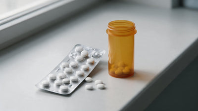 Plain white ivermectin-style oral tablets in a foil blister strip beside an amber pharmacy vial on a pharmacy counter in Texas