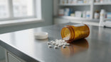 Plain white ivermectin-style oral tablets beside an amber prescription vial on a pharmacy counter in Utah.