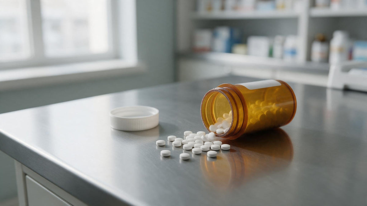 Plain white ivermectin-style oral tablets beside an amber prescription vial on a pharmacy counter in Utah.