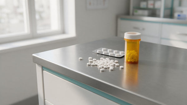 Small plain white ivermectin-style tablets and a foil blister strip beside an amber prescription vial on a pharmacy counter.