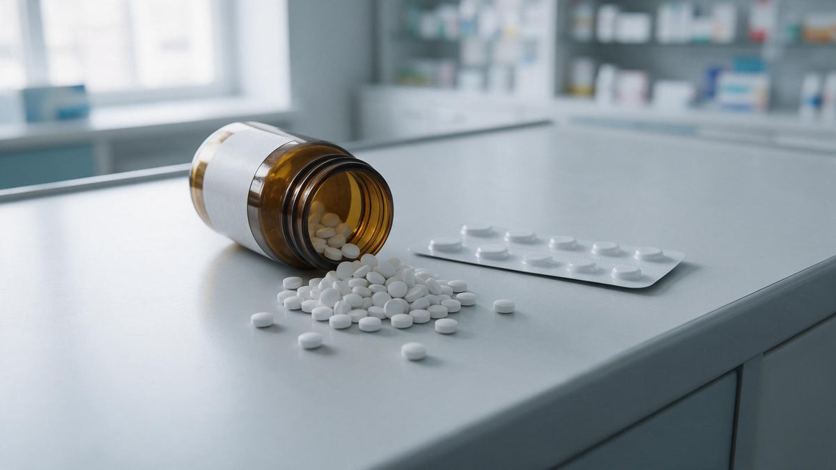 Plain white ivermectin-style oral tablets and a foil blister strip beside an amber prescription vial on a pharmacy counter.