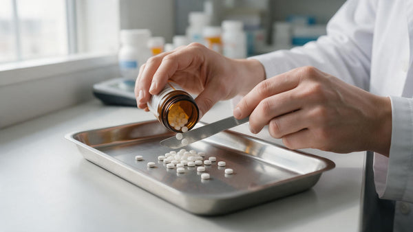Pharmacist's hands counting small white ivermectin tablets on a stainless steel tray beside an amber prescription vial.