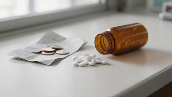 Plain white ivermectin-style oral tablets beside an amber prescription vial and a printed pharmacy receipt on a counter.