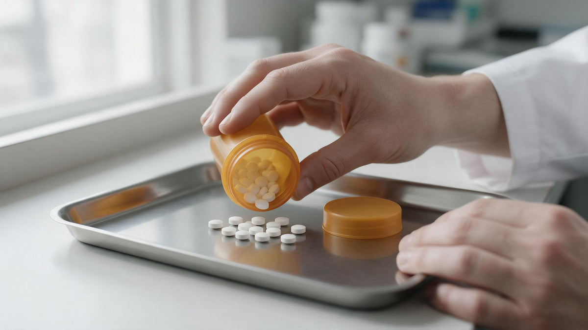 Plain white ivermectin-style oral tablets in an amber prescription vial on a pharmacy counter, illustrating where to buy ivermectin.